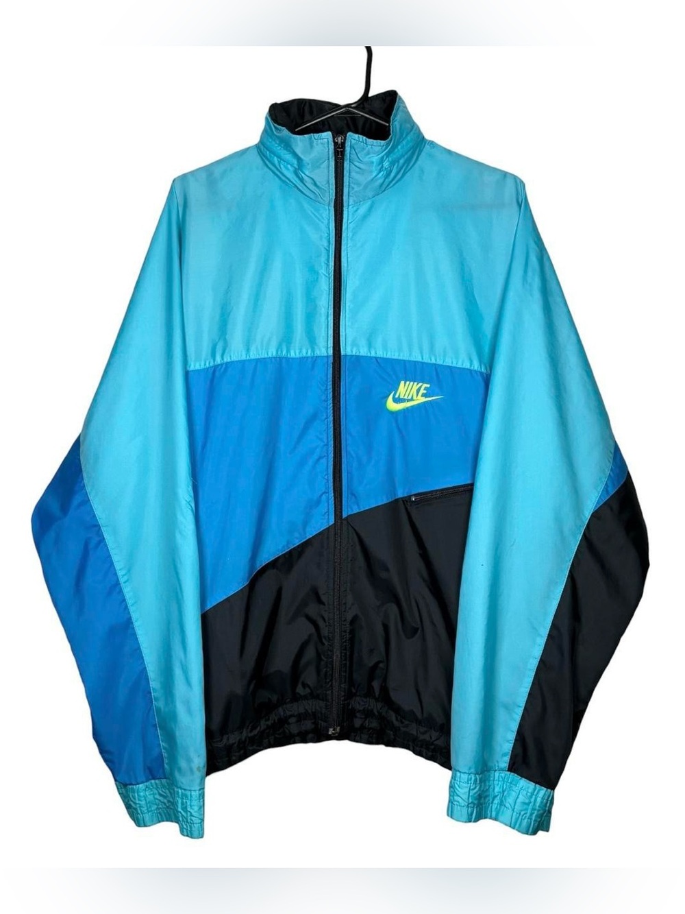 Vintage 90s Nike Swoosh Color Block Windbreaker Jacket Grey Tag Blue Teal Black